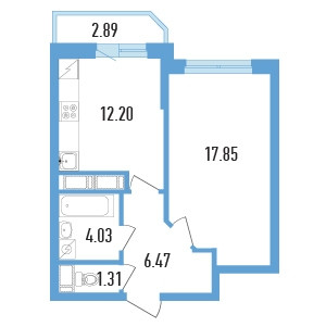 Однокомнатная квартира 43.3 м²