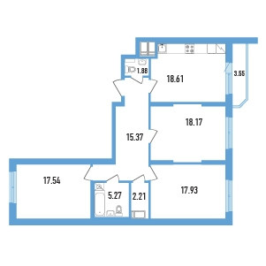 Трёхкомнатная квартира 98.76 м²