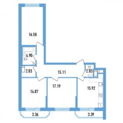 Трёхкомнатная квартира 92.13 м²