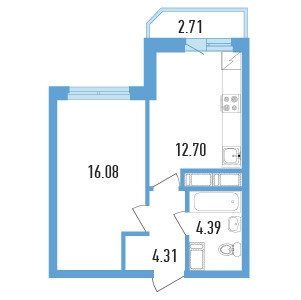 Однокомнатная квартира 38.83 м²