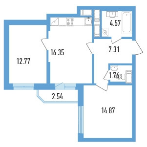 Двухкомнатная квартира (Евро) 58.9 м²